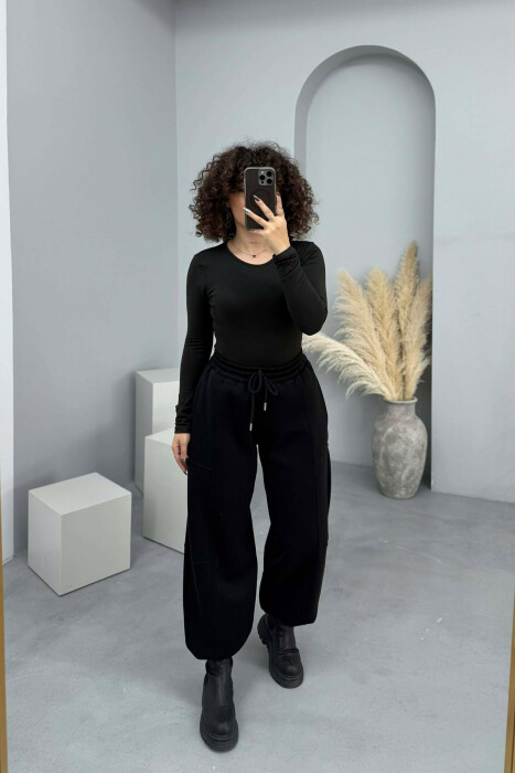 ONE COLOR FLUFFY SIMPLE WOMEN JOGGERS BLACK/ E ZEZE - 5