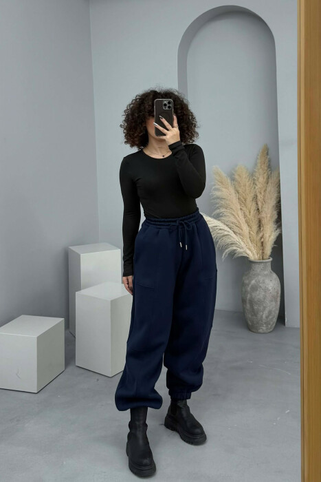 ONE COLOR FLUFFY SIMPLE WOMEN JOGGERS BLUE/BLU - 5