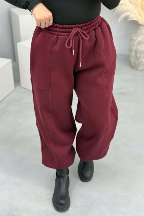 ONE COLOR FLUFFY SIMPLE WOMEN JOGGERS BURGUNDY/VISHNJE - 2