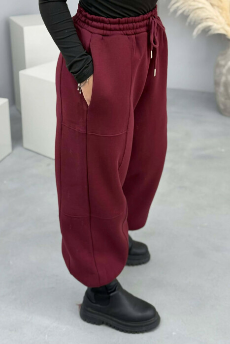 ONE COLOR FLUFFY SIMPLE WOMEN JOGGERS BURGUNDY/VISHNJE - 3