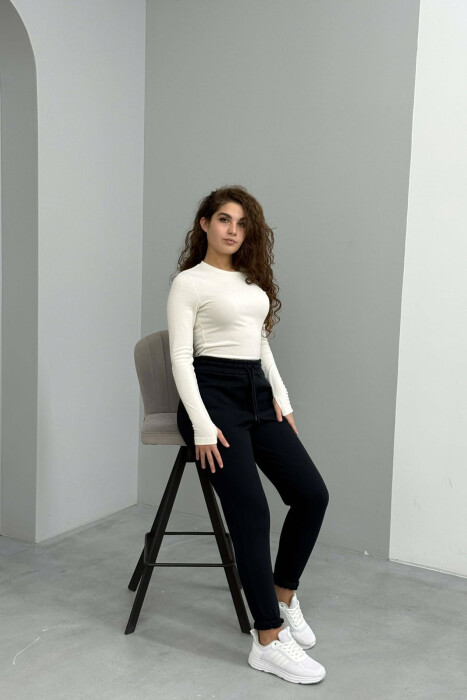 ONE COLOR FLUFFY SIMPLE WOMEN SWEATPANTS MIDNIGHT BLUE/BLU MESNATE - KLAUDIO FASHION