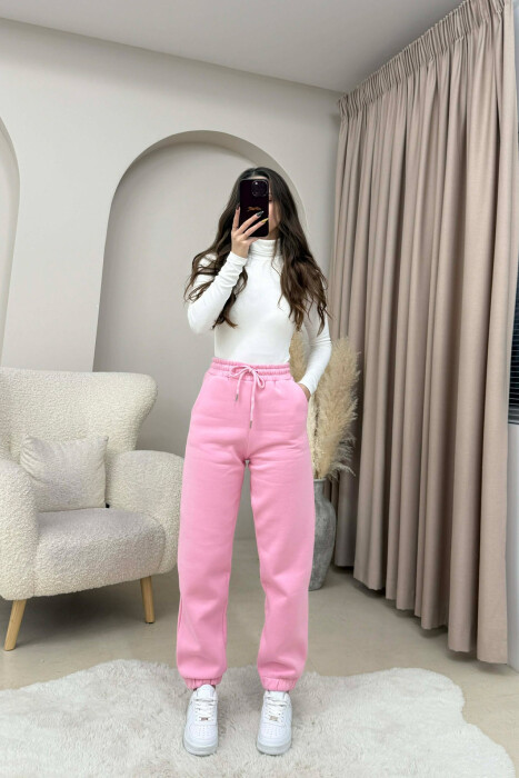 ONE COLOR FLUFFY SIMPLE WOMEN JOGGERS PINK/ROZE - KLAUDIO FASHION