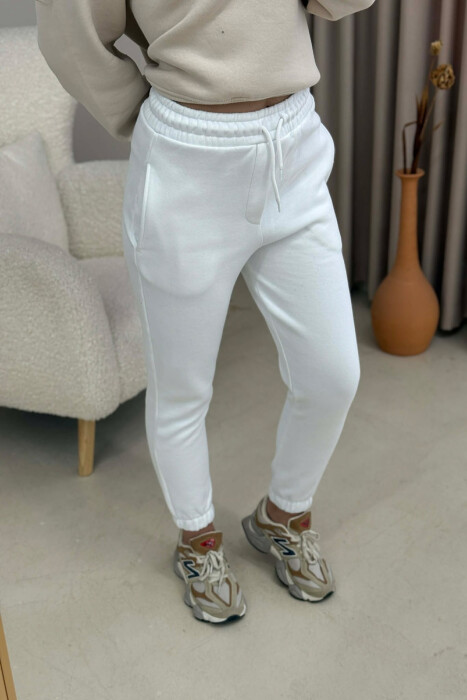 ONE COLOR FLUFFY SIMPLE WOMEN SWEATPANTS WHITE-E BARDHE - 4
