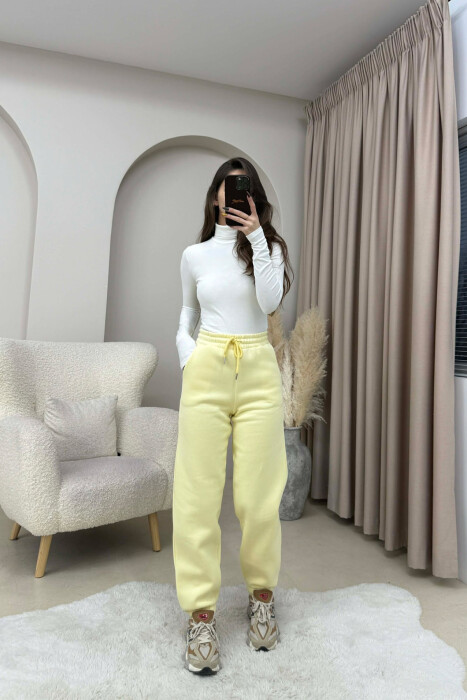 ONE COLOR FLUFFY SIMPLE WOMEN JOGGERS YELLOW/E VERDHE - KLAUDIO FASHION