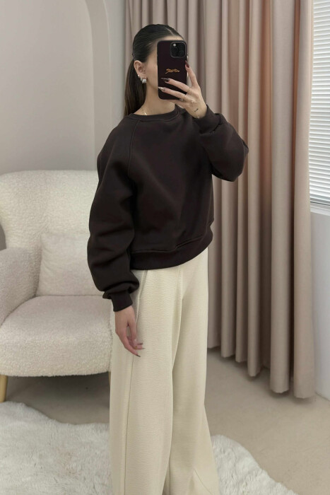 ONE COLOR FLUFFY SIMPLE WOMEN SWEATSHIRT BROWN/KAFE - 3