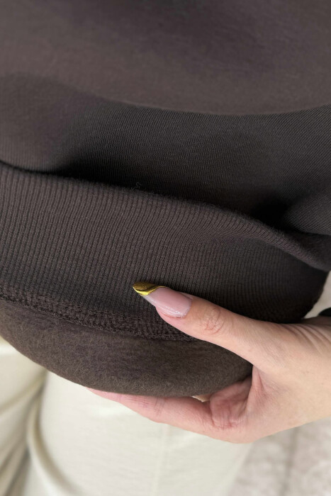 ONE COLOR FLUFFY SIMPLE WOMEN SWEATSHIRT BROWN/KAFE - 4