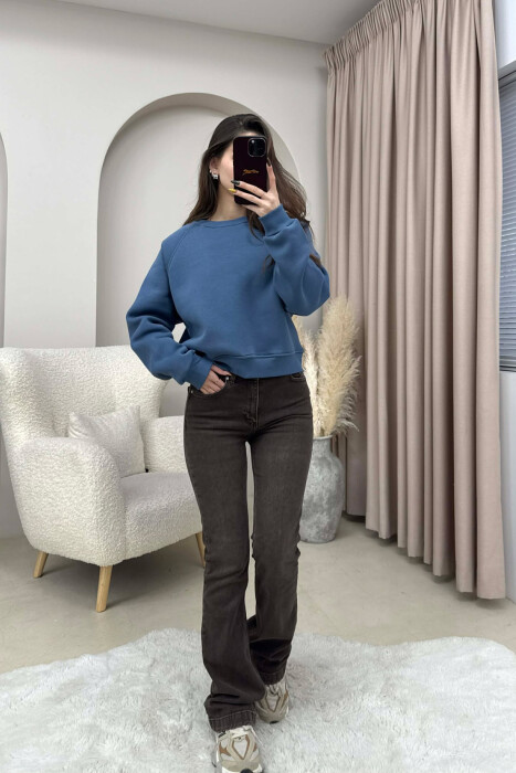 ONE COLOR FLUFFY SIMPLE WOMEN SWEATSHIRT LIGHTBLUE/BZ - 3
