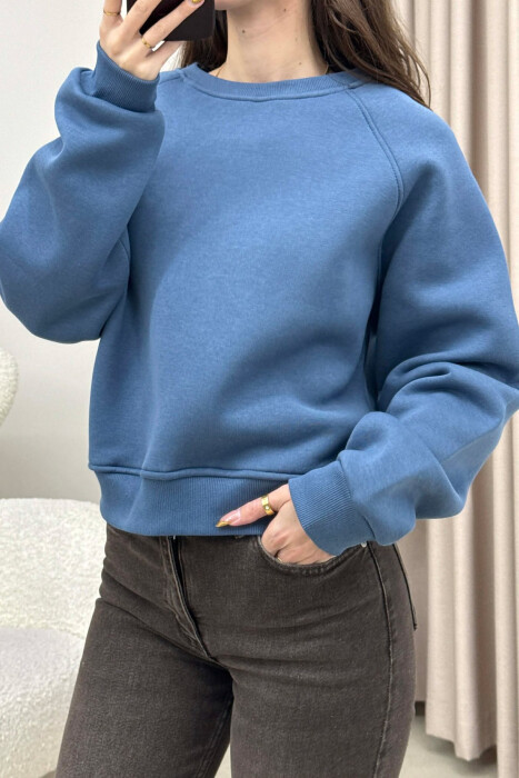ONE COLOR FLUFFY SIMPLE WOMEN SWEATSHIRT LIGHTBLUE/BZ - 4