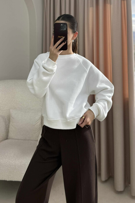 ONE COLOR FLUFFY SIMPLE WOMEN SWEATSHIRT WHITE-E BARDHE - 3