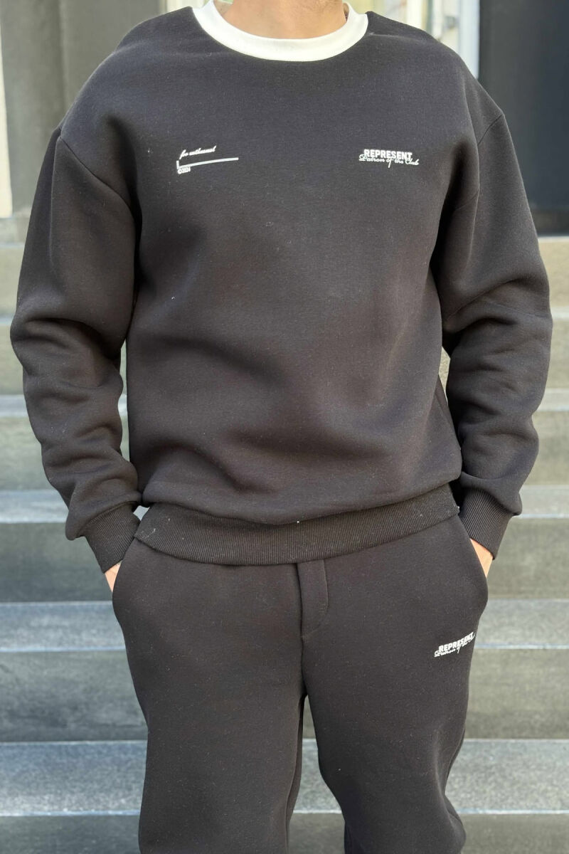 ONE COLOR FLUFFY SWEATSHIRT+JOGGERS MEN SET BLACK/ E ZEZE - 2