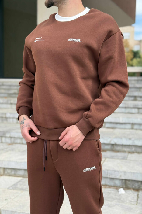 ONE COLOR FLUFFY SWEATSHIRT+JOGGERS MEN SET BROWN/KAFE - 2