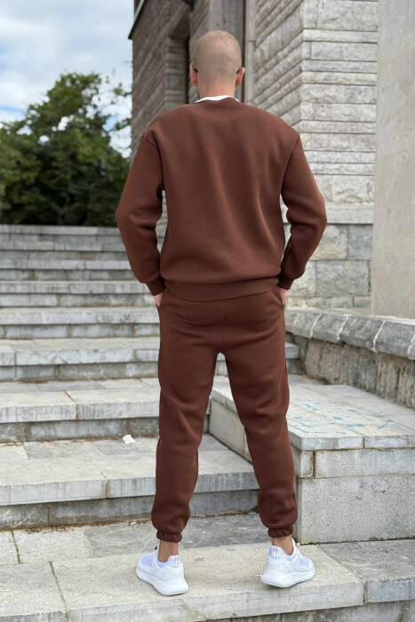 ONE COLOR FLUFFY SWEATSHIRT+JOGGERS MEN SET BROWN/KAFE - 4