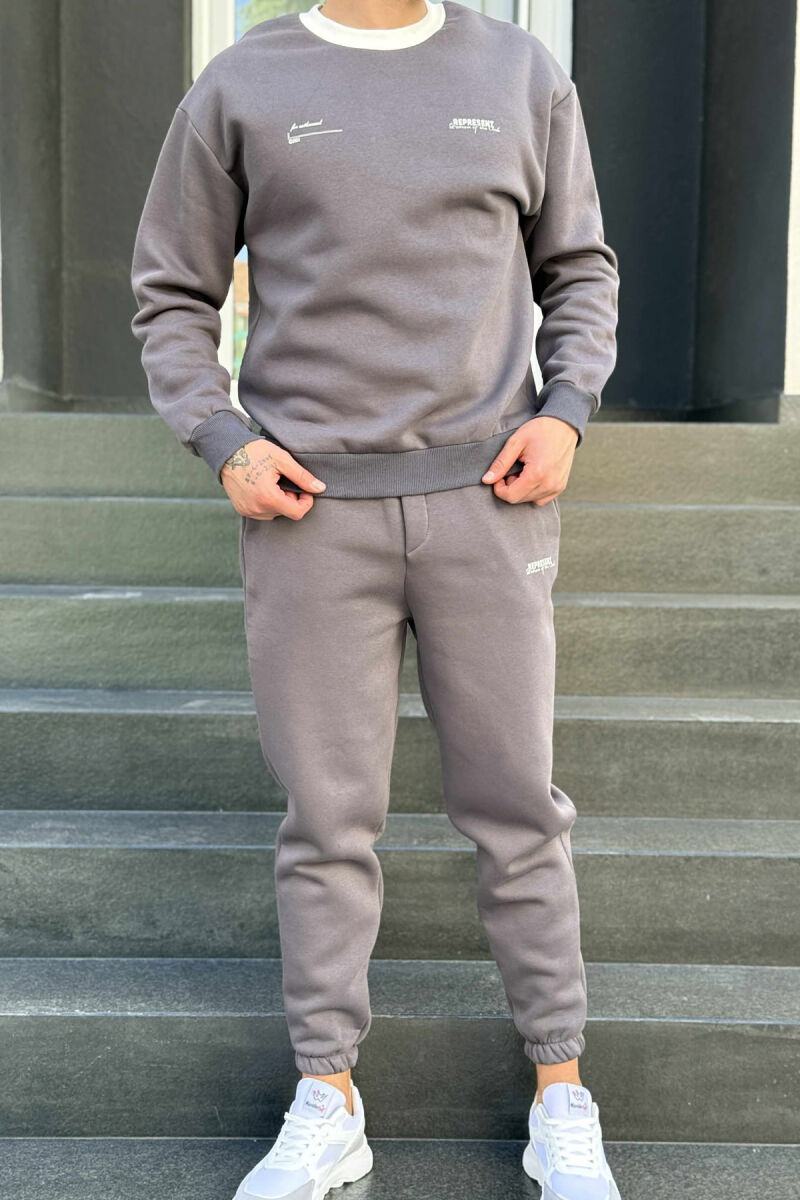 ONE COLOR FLUFFY SWEATSHIRT+JOGGERS MEN SET DARK GREY/GEE - 1