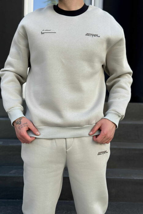ONE COLOR FLUFFY SWEATSHIRT+JOGGERS MEN SET LIGHT GREY/GZ - 2