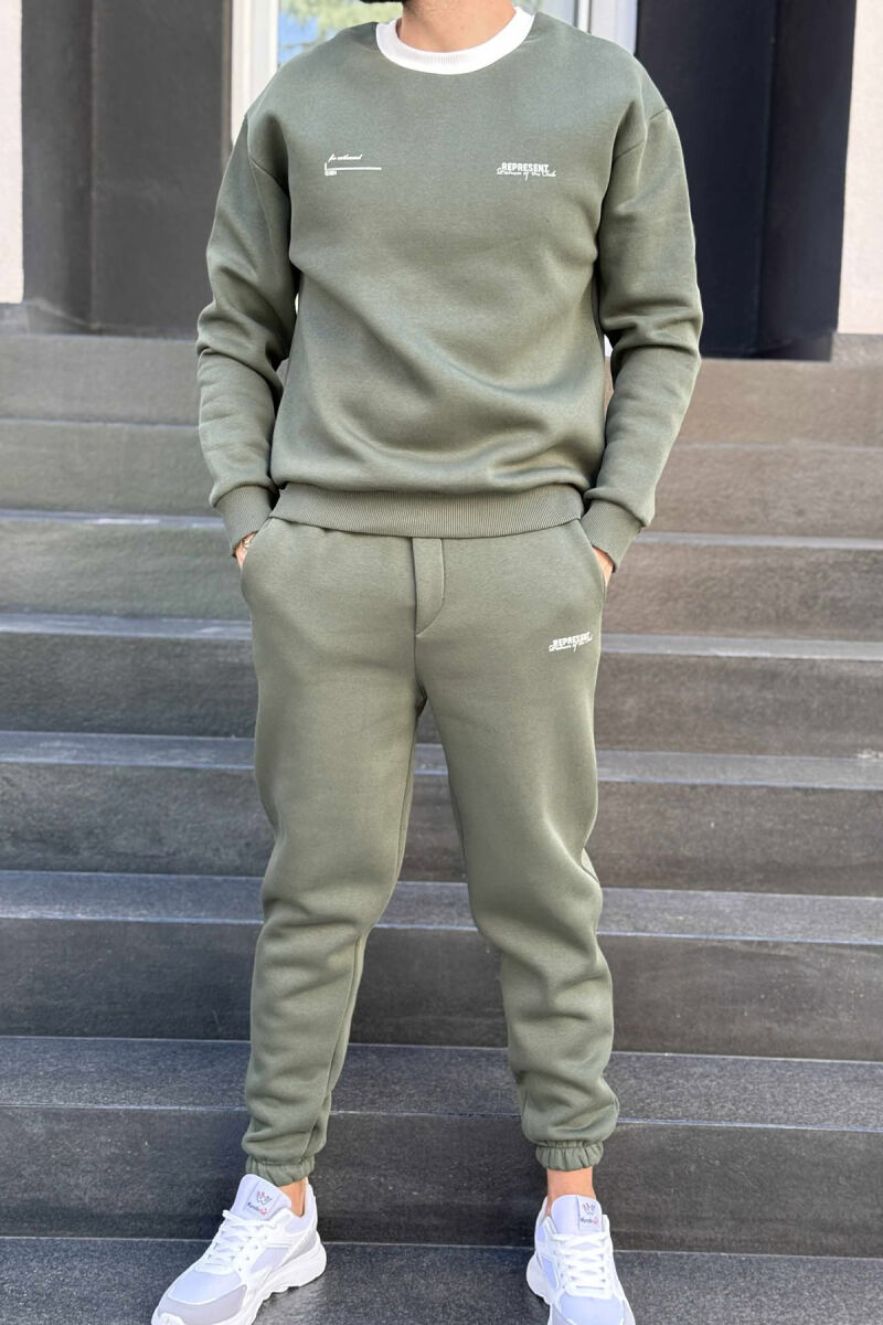 ONE COLOR FLUFFY SWEATSHIRT+JOGGERS MEN SET OLIVE/ULLI - 1