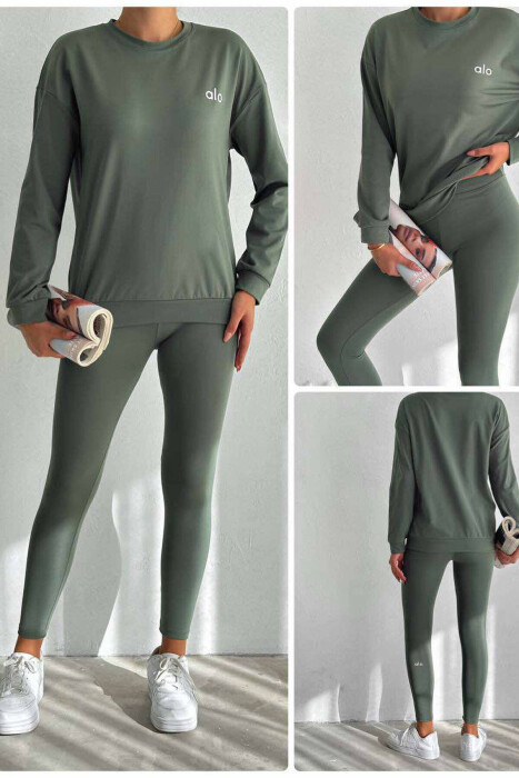 ONE COLOR FLUFFY SWEATSHIRT+LEGGINGS WOMEN SET GREEN/JESHILE 