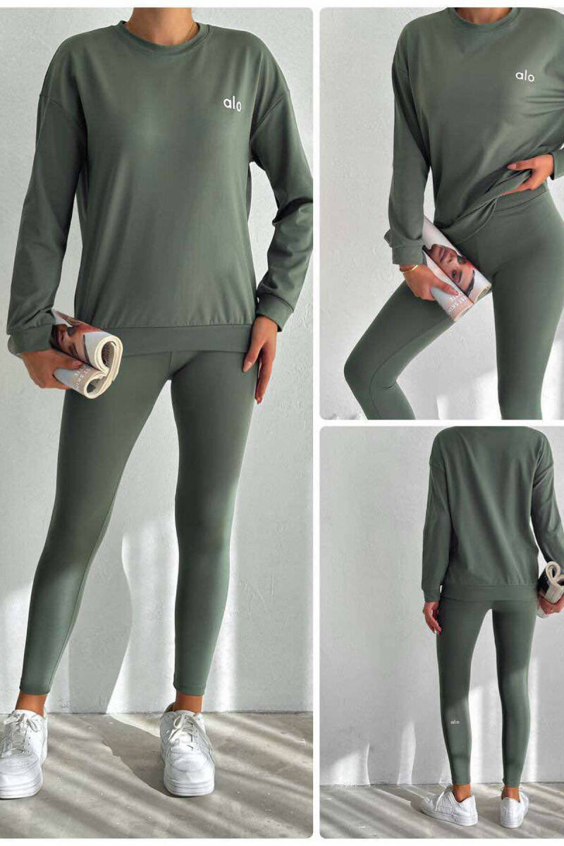 ONE COLOR FLUFFY SWEATSHIRT+LEGGINGS WOMEN SET GREEN/JESHILE - 1