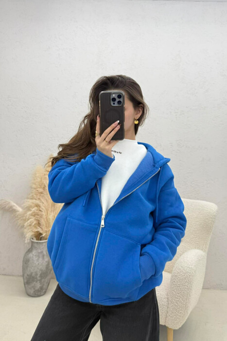 ONE COLOR FLUFFY WOMAN COTTON JACKET BLUE/BLU - KLAUDIO FASHION