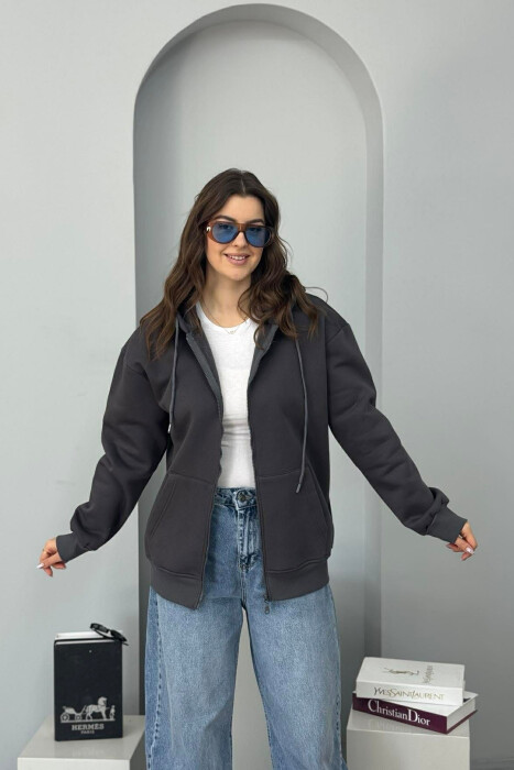 ONE COLOR FLUFFY WOMEN COTTON JACKET DARK GREY/GEE - 1