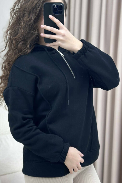 ONE COLOR FLUFFY WOMEN HOODIE BLACK/ E ZEZE - 3