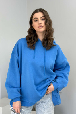 ONE COLOR FLUFFY WOMEN HOODIE BLUE/BLU 