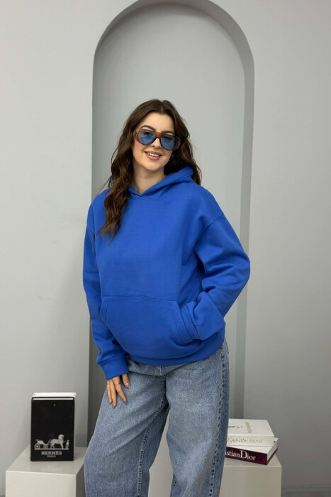 ONE COLOR FLUFFY WOMEN HOODIE BLUE/BLU - 2