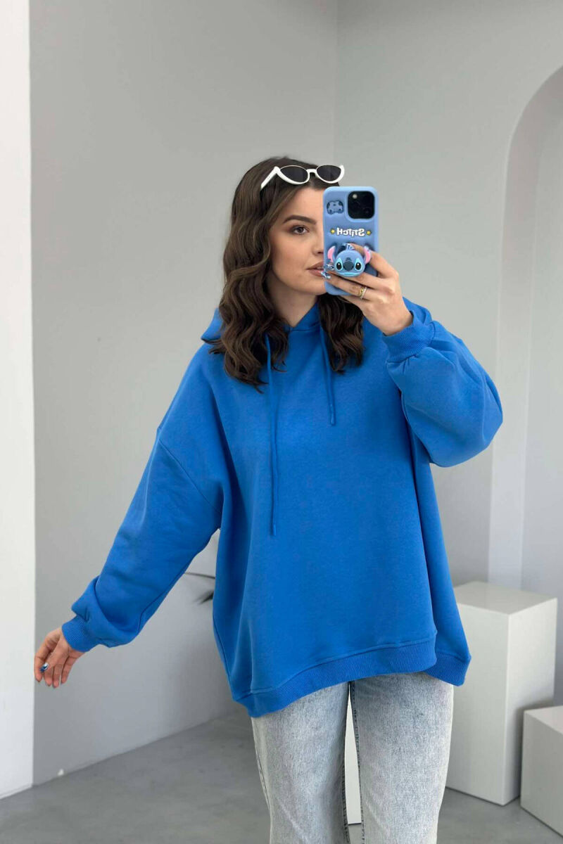 ONE COLOR FLUFFY WOMEN HOODIE BLUE/BLU - 3