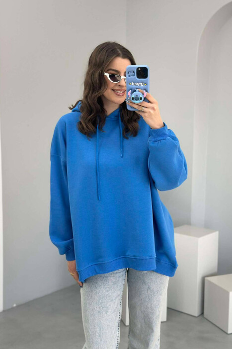 ONE COLOR FLUFFY WOMEN HOODIE BLUE/BLU - 4