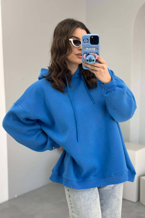 ONE COLOR FLUFFY WOMEN HOODIE BLUE/BLU - 8