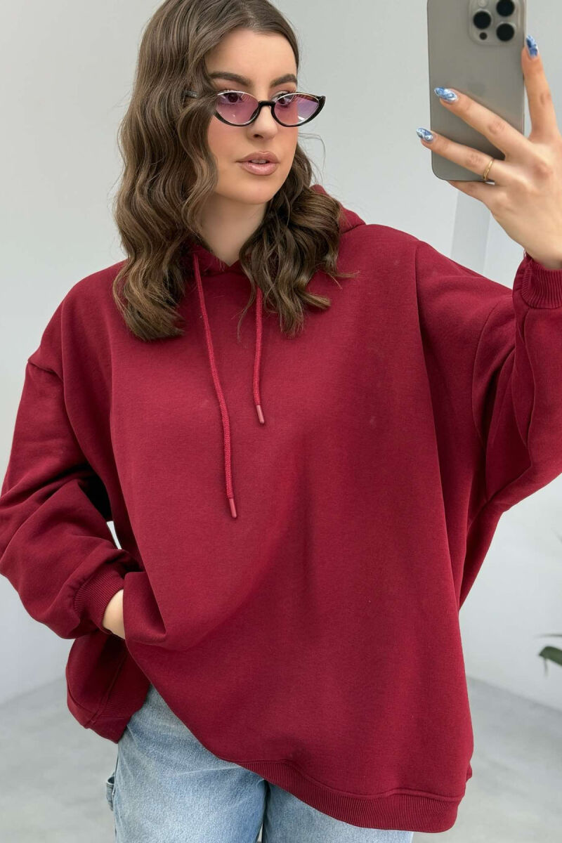 ONE COLOR FLUFFY WOMEN HOODIE BURGUNDY/VISHNJE - 4