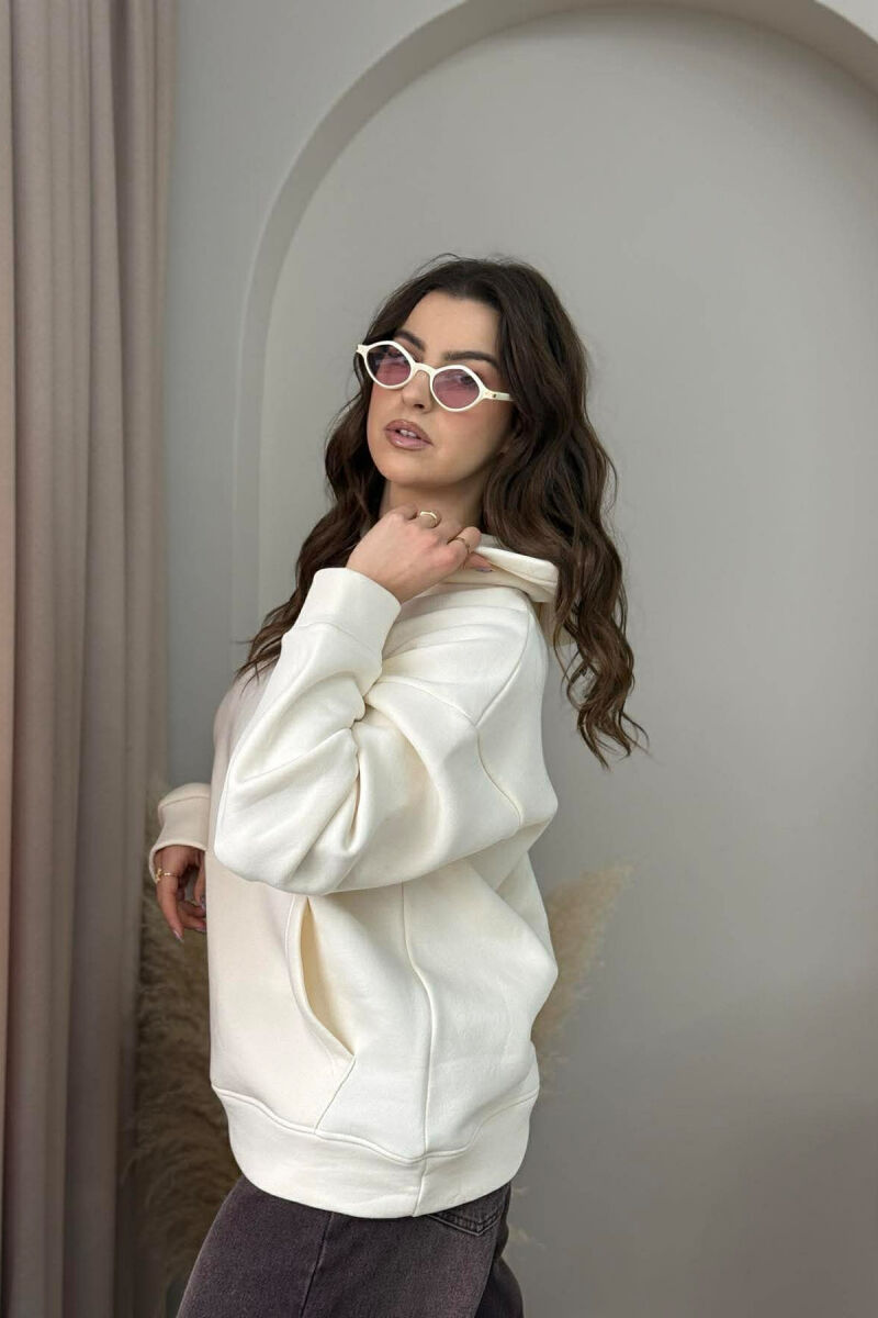 ONE COLOR FLUFFY WOMEN HOODIE CREAM/KREM - 2