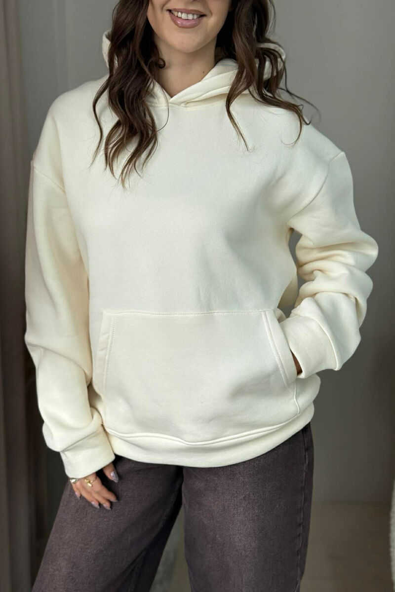 ONE COLOR FLUFFY WOMEN HOODIE CREAM/KREM - 4