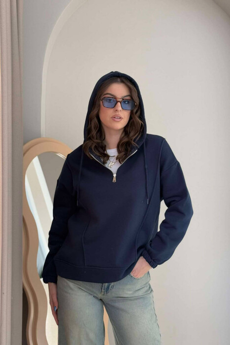 ONE COLOR FLUFFY WOMEN HOODIE DARK BLUE/BEE 