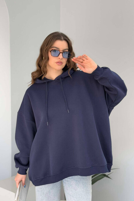 ONE COLOR FLUFFY WOMEN HOODIE DARK BLUE/BEE - 1