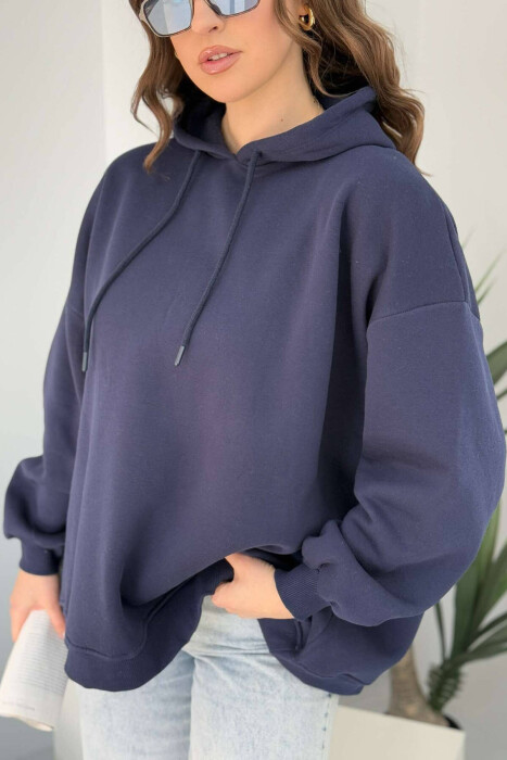 ONE COLOR FLUFFY WOMEN HOODIE DARK BLUE/BEE - 3