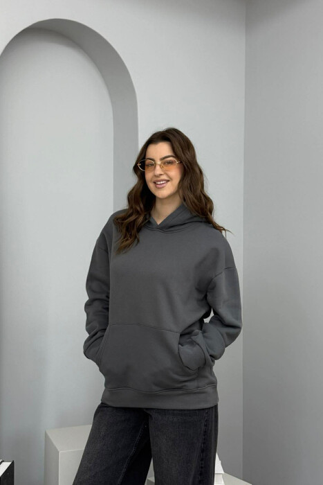 ONE COLOR FLUFFY WOMEN HOODIE DARK GREY/GEE 