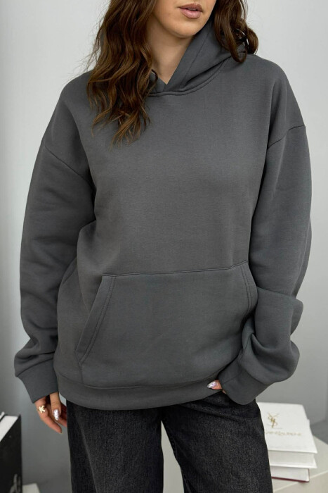 ONE COLOR FLUFFY WOMEN HOODIE DARK GREY/GEE - 4