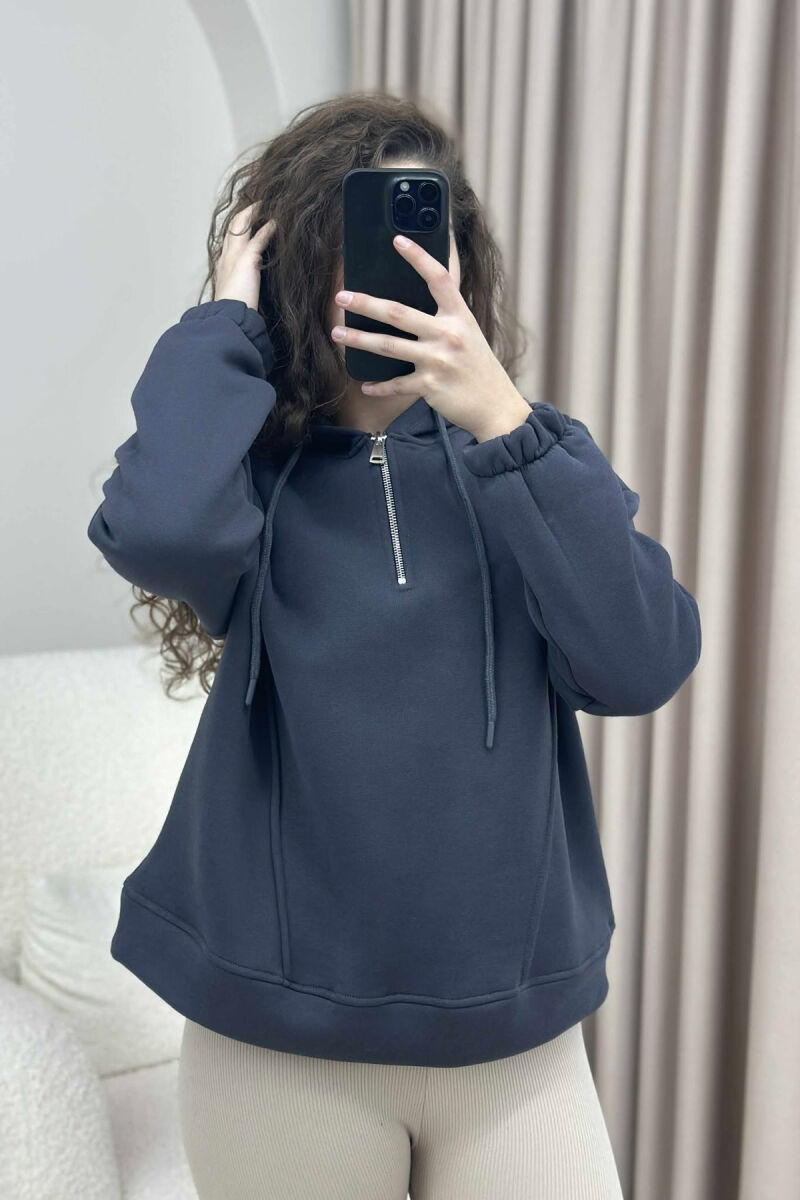 ONE COLOR FLUFFY WOMEN HOODIE DARK GREY/GEE - 2