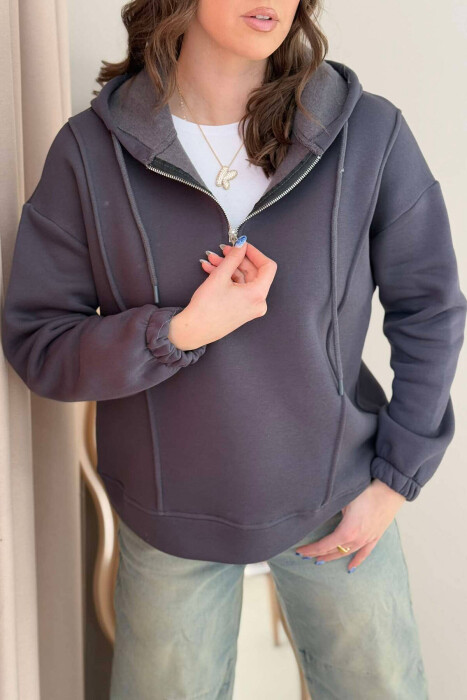 ONE COLOR FLUFFY WOMEN HOODIE DARK GREY/GEE - 2