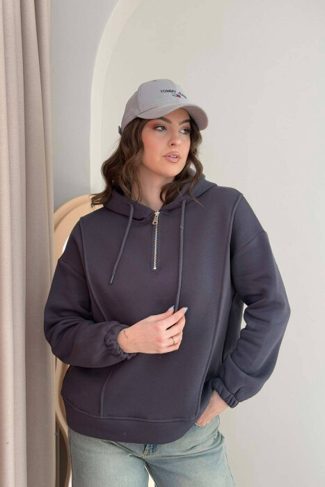 ONE COLOR FLUFFY WOMEN HOODIE DARK GREY/GEE - 4