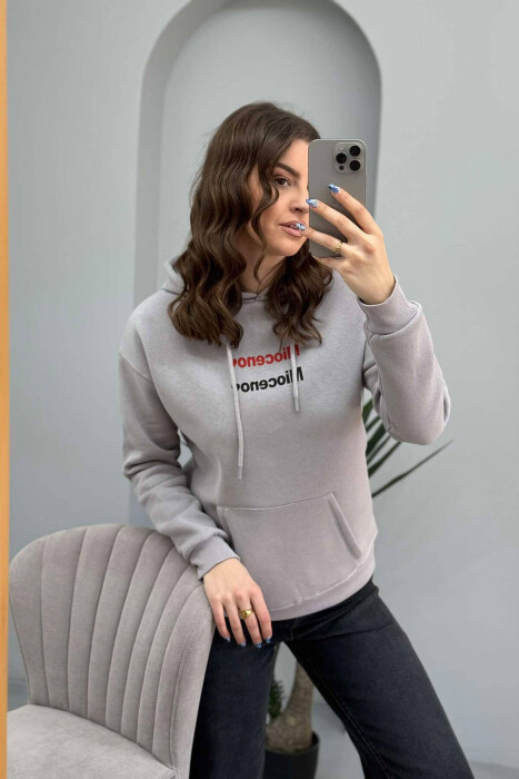 ONE COLOR FLUFFY WOMEN HOODIE IN GREY COLOR - 4