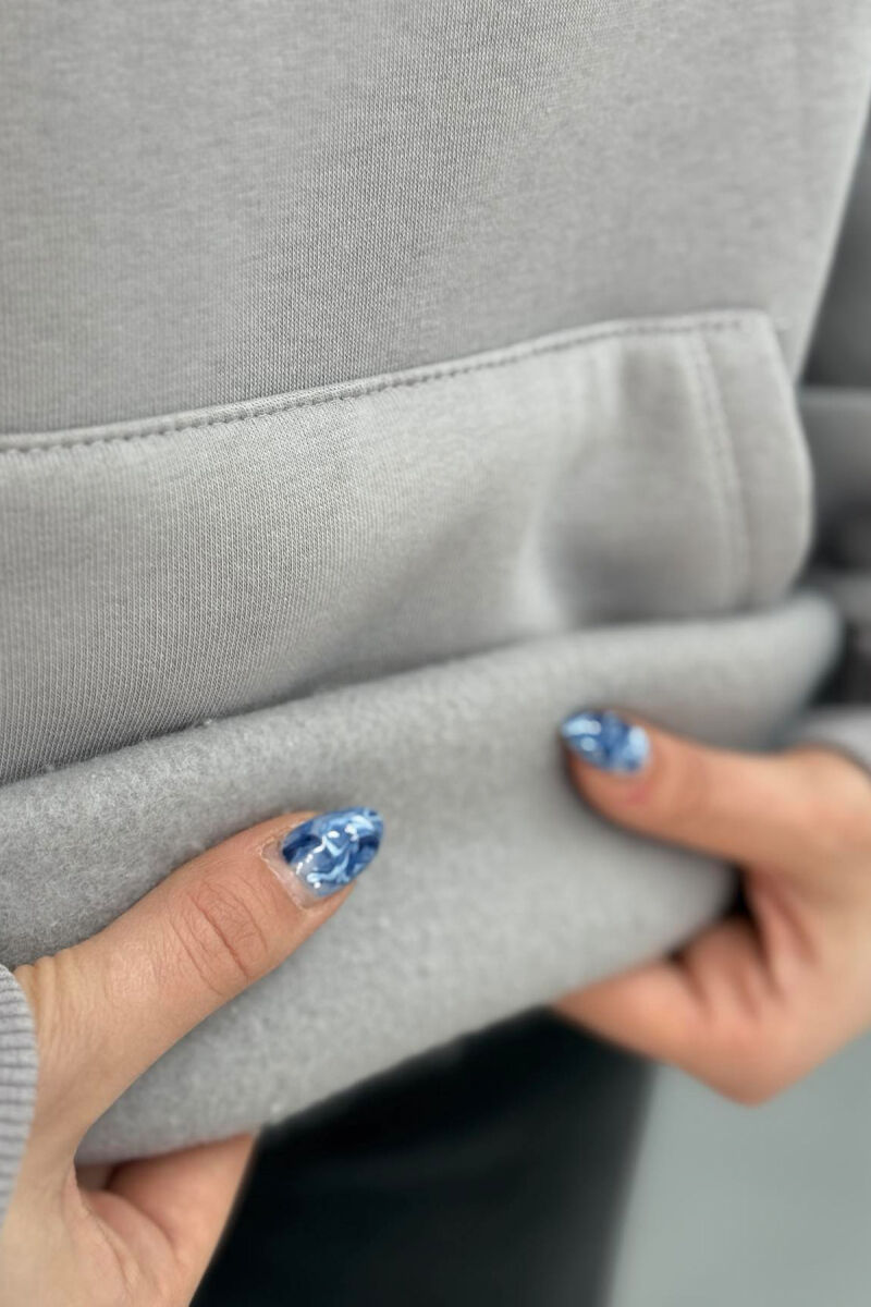 ONE COLOR FLUFFY FRONT WRITTINGS WOMEN HOODIE GREY/GRI - 7