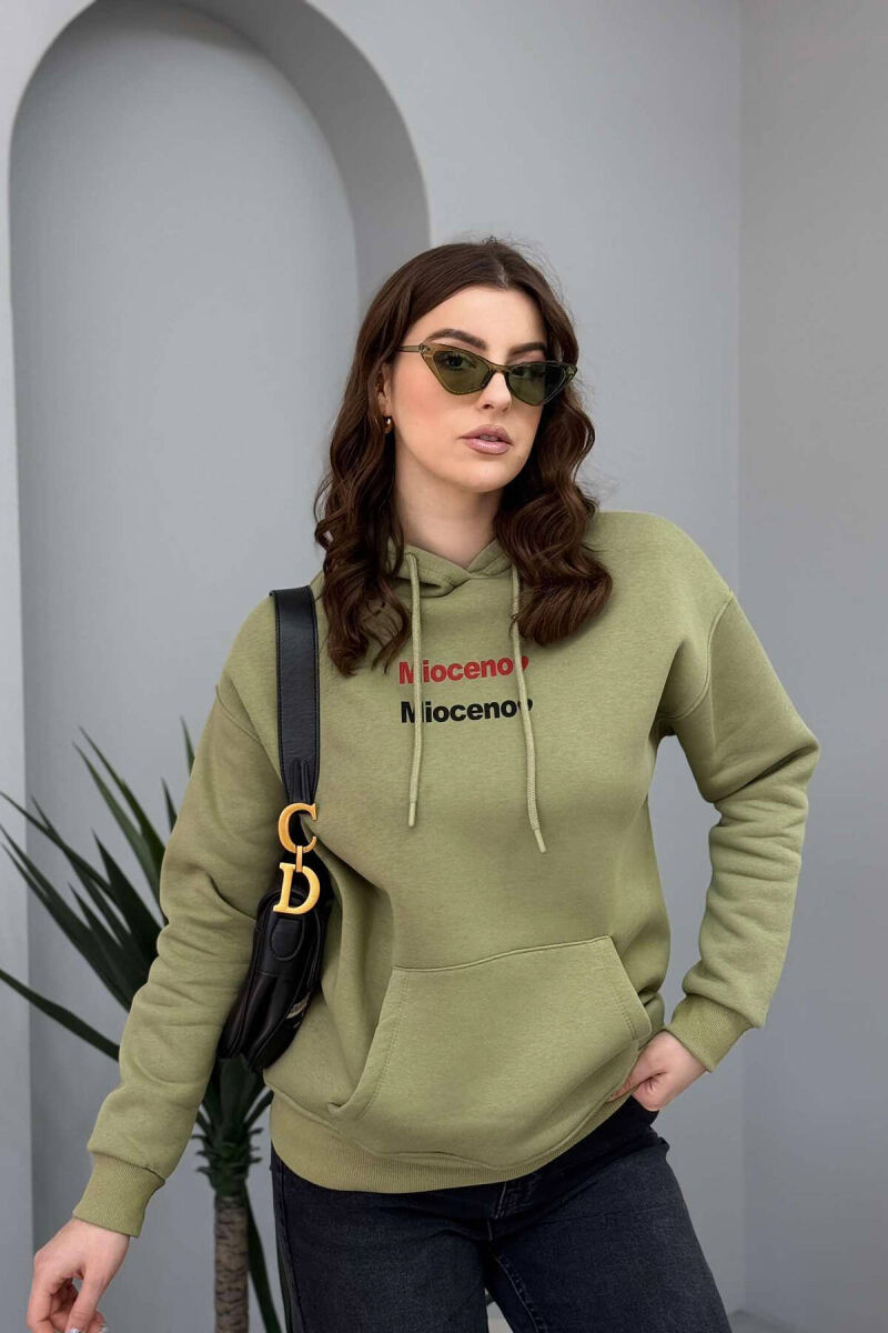 ONE COLOR FLUFFY WOMEN HOODIE IN OLIVE GREEN COLOR - 1