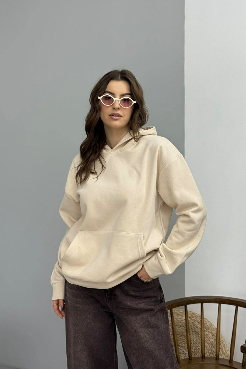 ONE COLOR FLUFFY WOMEN HOODIE LIGHT BEIGE/BZHZB - 1