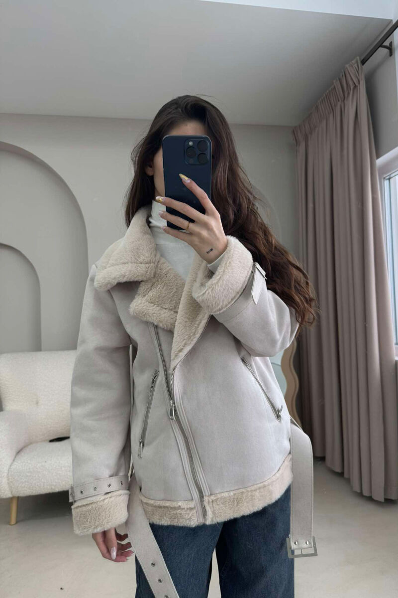 ONE COLOR FLUFFY WOMEN JACKET CREAM/KREM - 2