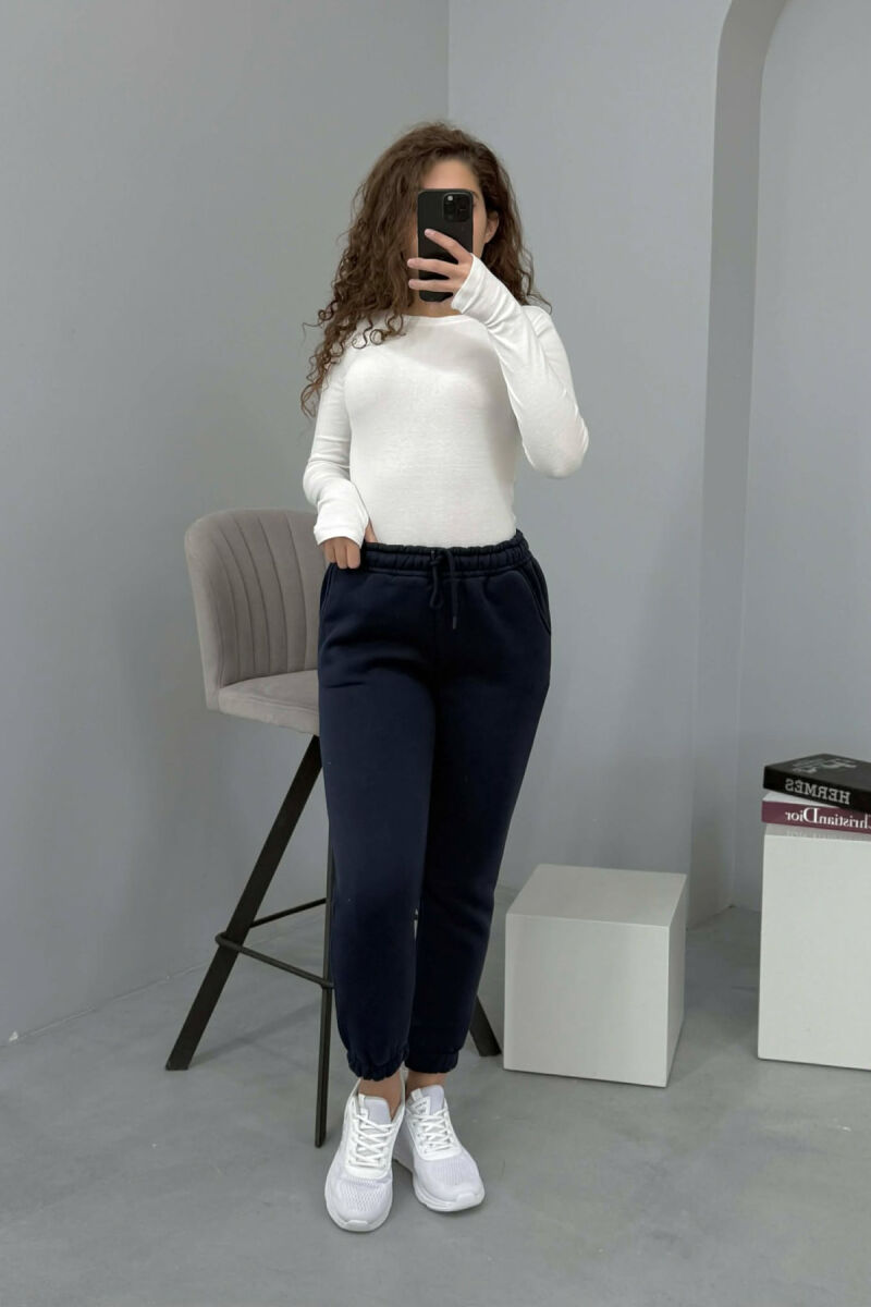 ONE COLOR FLUFFY WOMEN JOGGERS DARK BLUE/BEE - 1