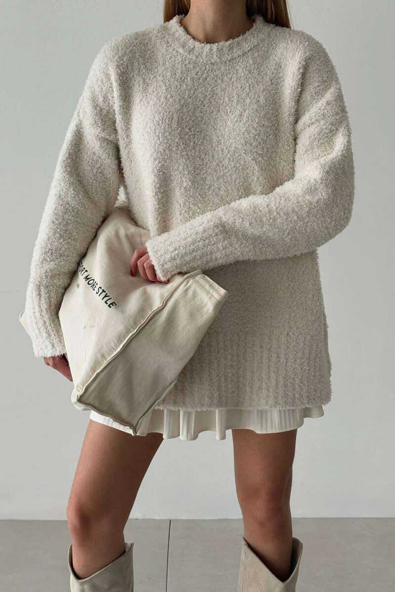 ONE COLOR FLUFFY WOMEN SWEATER CREAM/KREM - 1