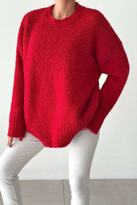 ONE COLOR FLUFFY WOMEN SWEATER IN RED COLOR 