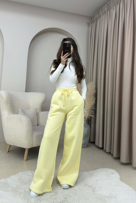 ONE COLOR FLUFFY WOMEN SWEATPANTS YELLOW/E VERDHE - KLAUDIO FASHION