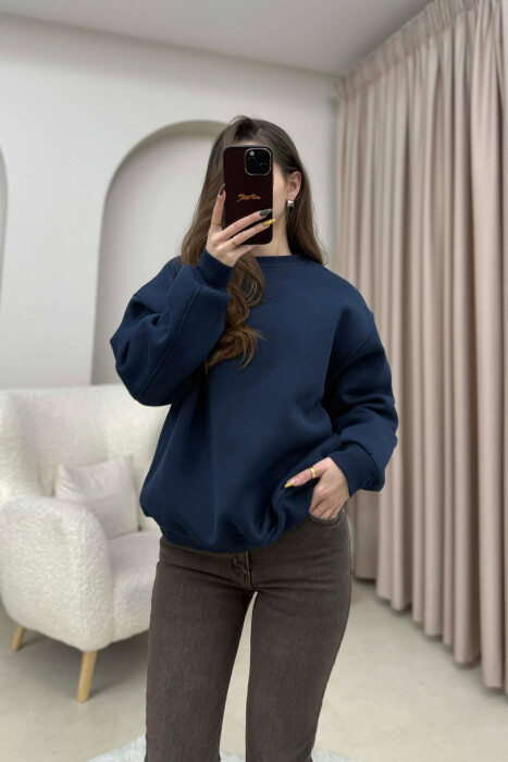ONE COLOR FLUFFY WOMEN SWEATSHIRT DARK BLUE/BEE 